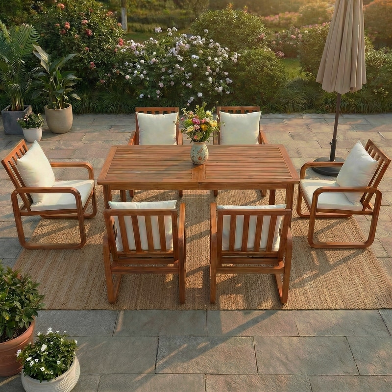 7 Pieces Acacia Wood Patio Dining Set with Removable Cushions for Outdoor Gatherings