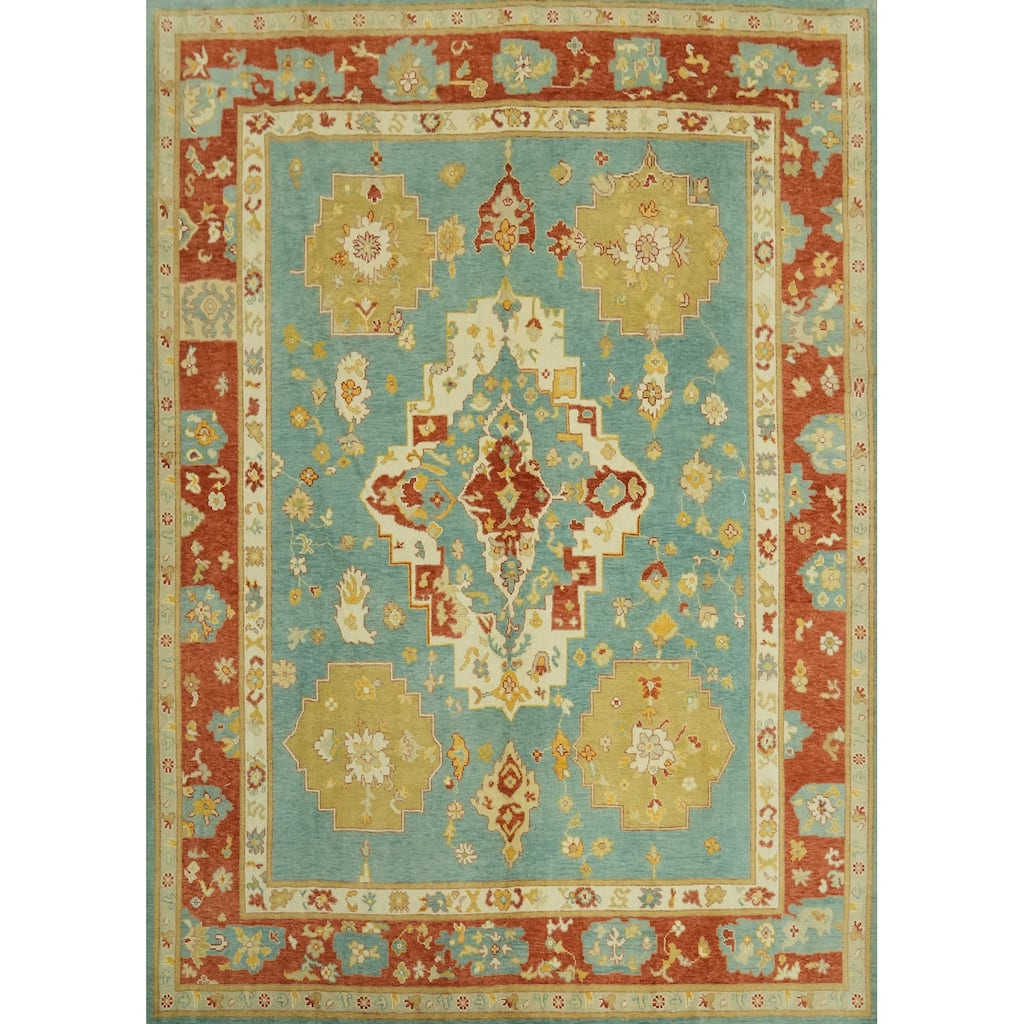 Handmade Blue Oushak Vegetable Dye Area Rug, Medallion Geometric Carpet - 9' 11'' X 8' 5''