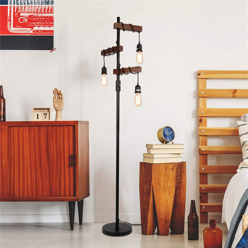 Industrial Tree Floor Lamp with 3 Dimmable Lights - Natural Wood+Caramel