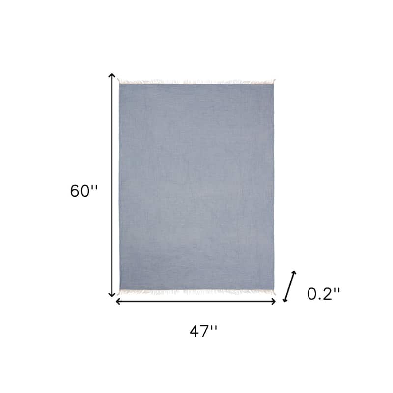 HomeRoots 47" X 60" Blue Cotton Woven Turkish Towel Throw Blanket with Fringe