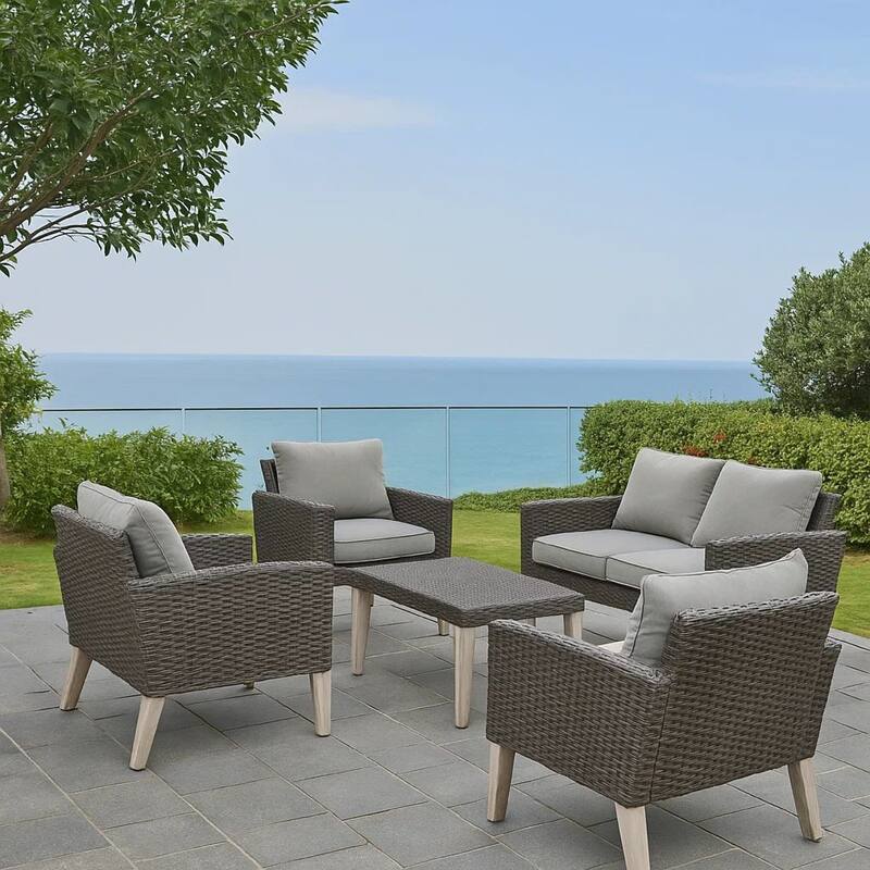 Bops Outdoor Ottoman, Gray Faux Rattan Wicker, 28 Inch Acacia Wood