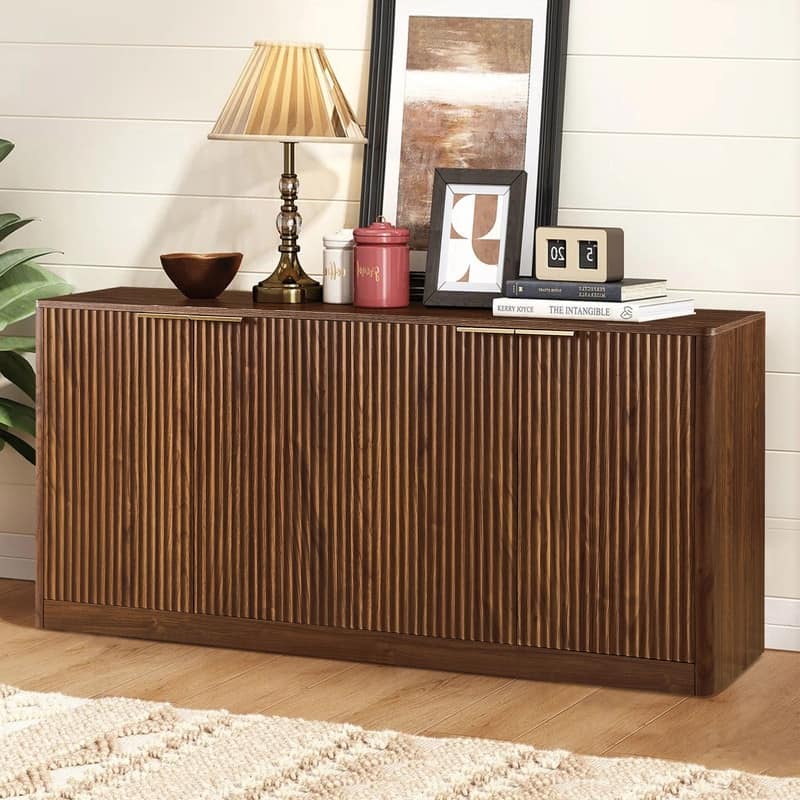 Modern 59" Fluted Buffet Sideboard Cabinet with Shelves, TV Stand Storage Cabinet with 4 Wave Doors for Organized Living Spaces