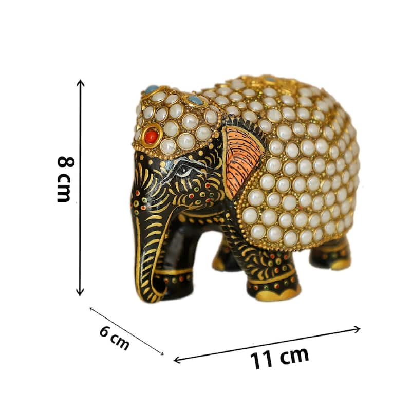 Cottage Handicraft Handcrafted Pearl Embellished Elephant | Vintage Elephant Wooden Sculpture for Living room Home Decor Gift