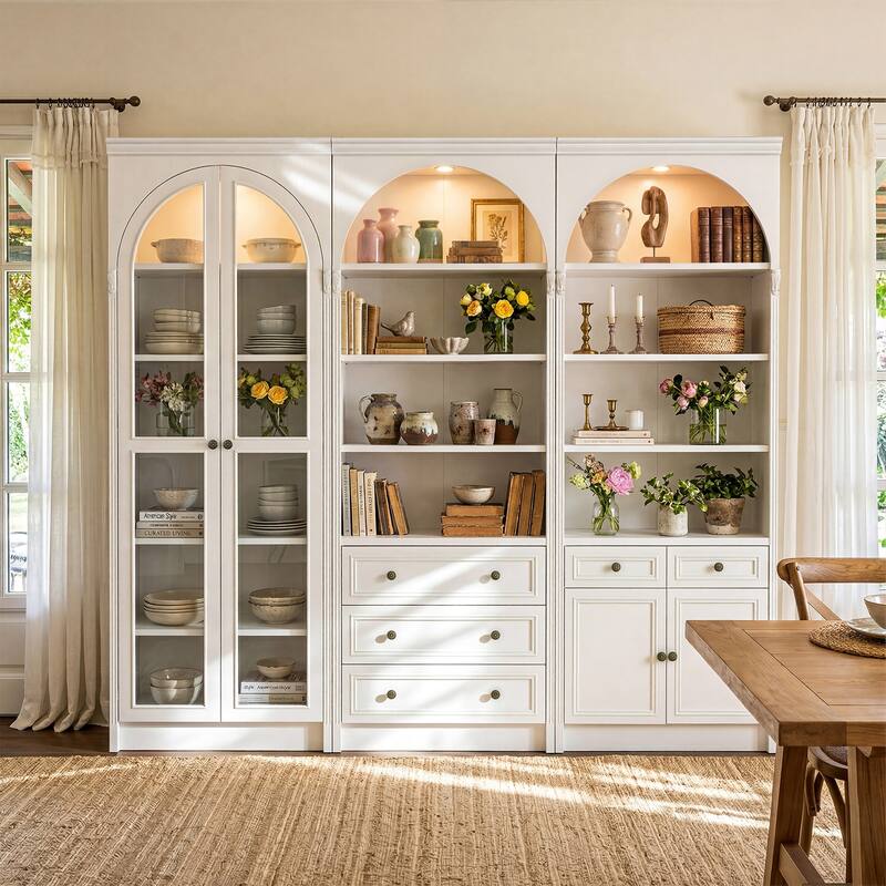 Modular White Bookcase with LED Lights & Glass Doors, 86.6" Tall Arched Display Cabinet Solid WoodStorage Cabinet