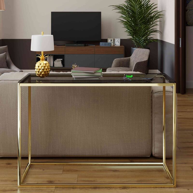 Cortesi Home Jul Console Table in Gold Stainless Steel and Smoked Glass, 47"