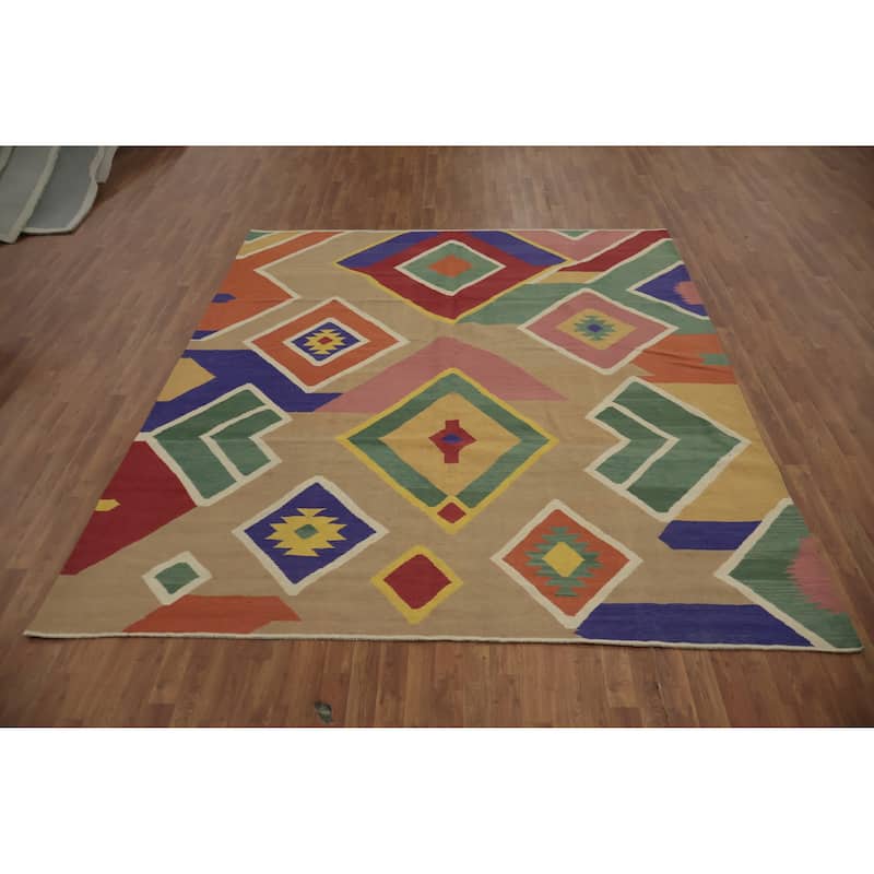 Hand Woven Oriental 100% Wool Carpet Southwestern Modern Multi-Colored Kilim Area Rug - 9' 8'' X 8' 6''