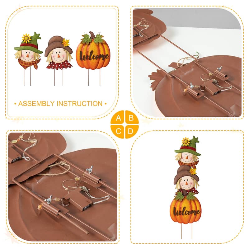 Glitzhome 46"H Fall Metal Stacked Scarecrow & Pumpkin Yard Stake for Thanksgiving Decor