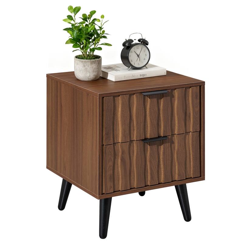 Mid-Century Modern Nightstand, Fluted End Table Drawer & Open Storage