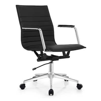 Modern Office Desk Chair | Upholstered PU Leather Ribbed Mid Back with Metal Frame | Adjustable Height, Tilt Lock - N/A
