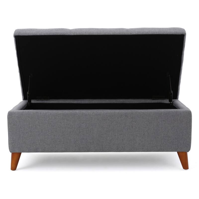 Storage Ottoman Bench, Gray Fabric Cushions, Brown Wood Legs, 38 Inch