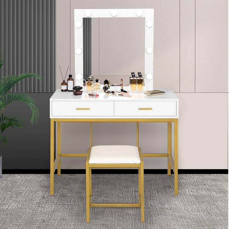 Makeup Vanity Table Set with Lighted Mirror Modern Dresser - White