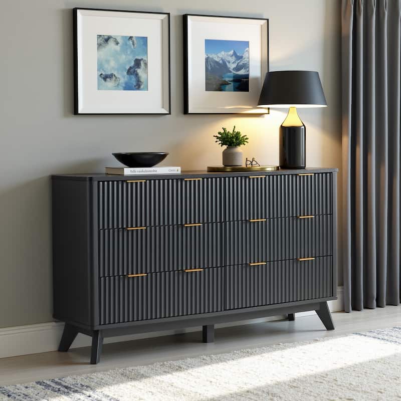 Modern Fluted 6 Drawers Dresser, Chest of Drawers, Dresser TV Stand - Dark Grey