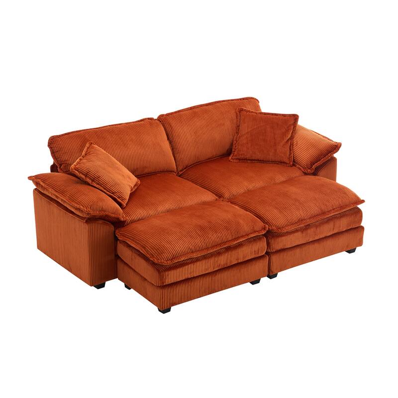 84.6" Corduroy 2-seats sofa With 2 back pillows,2 toss pillows and two ottoman