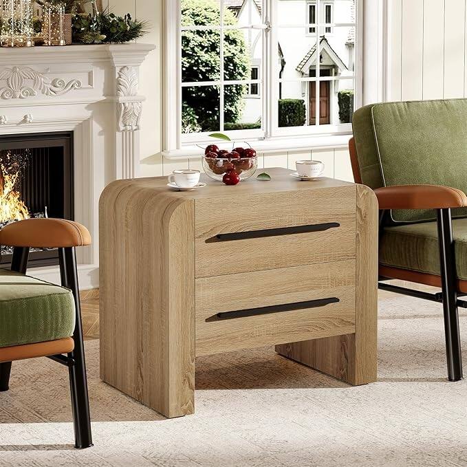 Modern Curved Nightstand with Storage for Bedroom - Brown