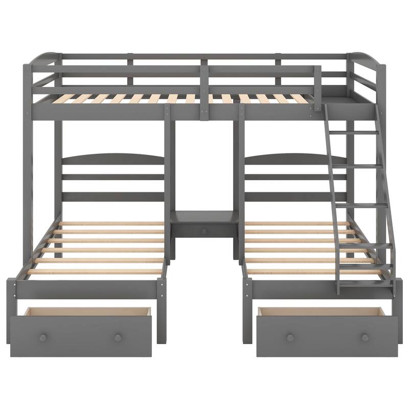 Space-Saving Triple Bunk Bed with Drawers, Full Over Twin & Twin, Gray