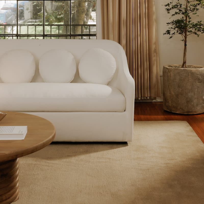 NADAAL STUDIOS Rivenor Rialto Sofa, High Curved Back, Five Round Toss Cushions, White Performance Upholstery