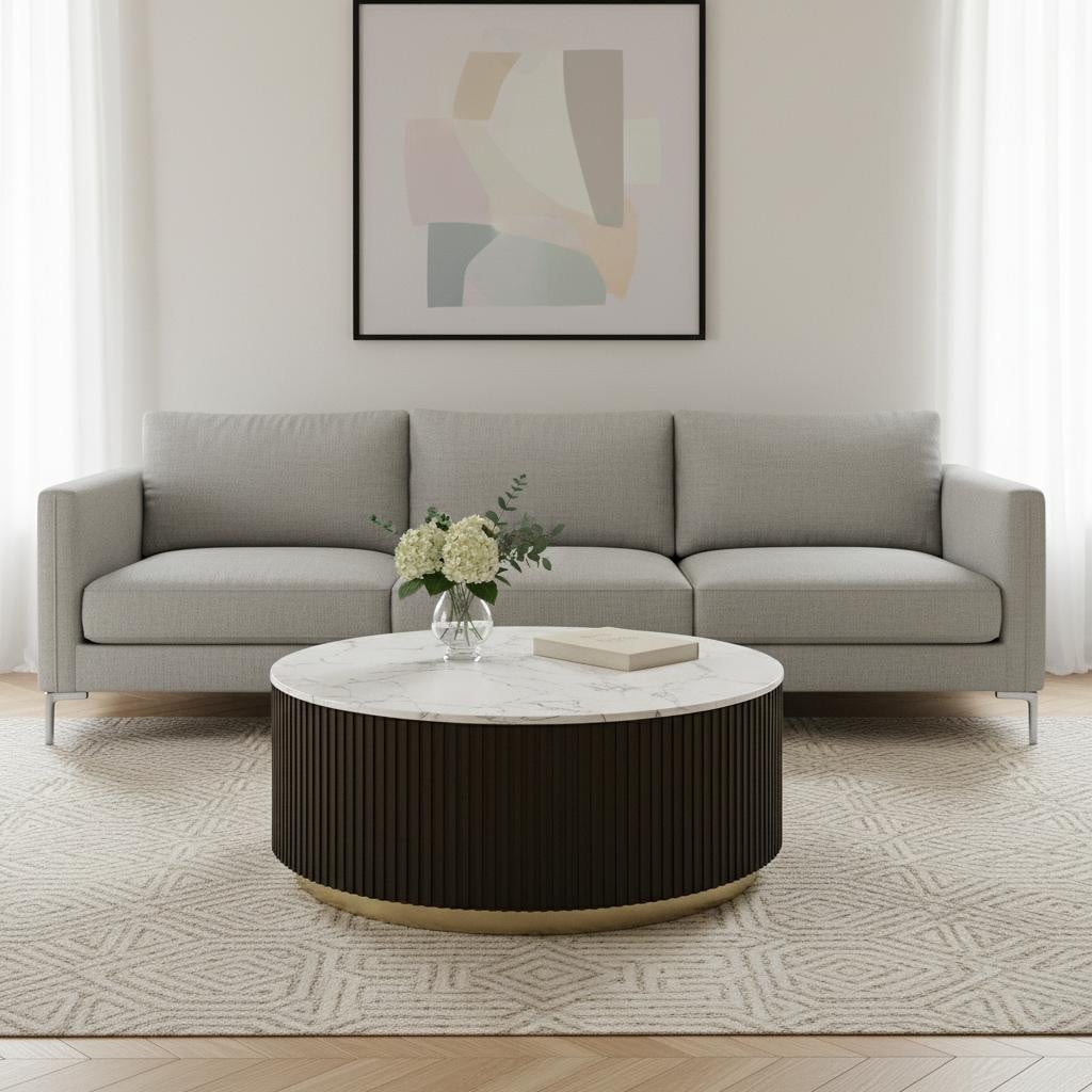 HomeRoots 35" White Espresso and Gold Faux Marble Solid Wood and Steel Round Drum Coffee Table