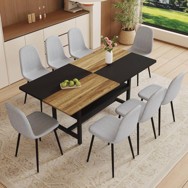 9-Piece Spliced Dining Table with Storage Compartment, Scratch-Resistant MDF Top, Linen-Cotton Chairs, Anti-Slip Feet