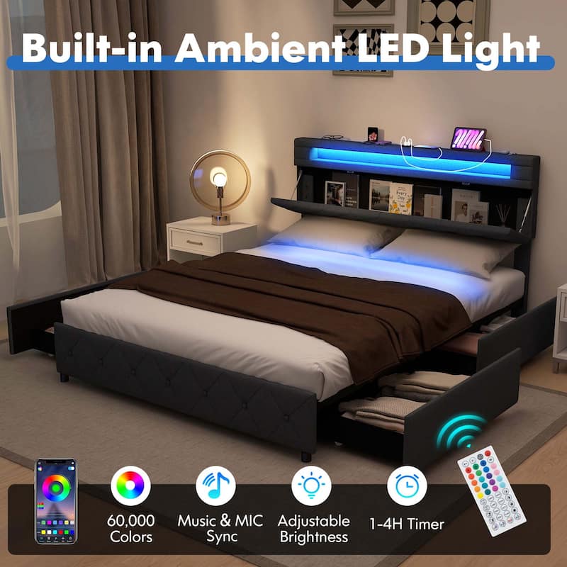 Costway Full/Queen Size Bed Frame with Led Lights & Charging Station &