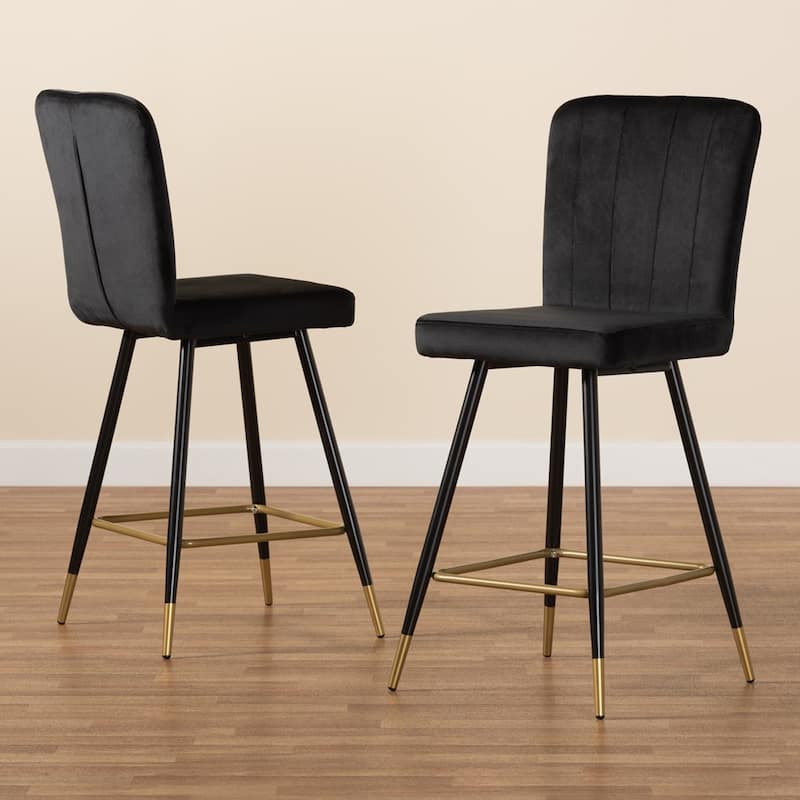 Preston Modern Luxe and Glam Velvet Fabric Upholstered Black and Gold Finished Metal 2-Piece Bar Stool Set
