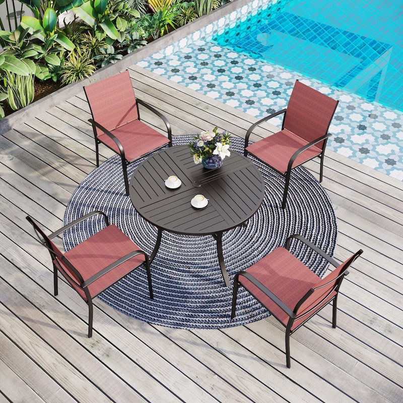 MAISON ARTS 5-Piece Patio Dining Set, Geometrically Stamped Round Table and 4 Textilene Dining Chairs - Red Chairs