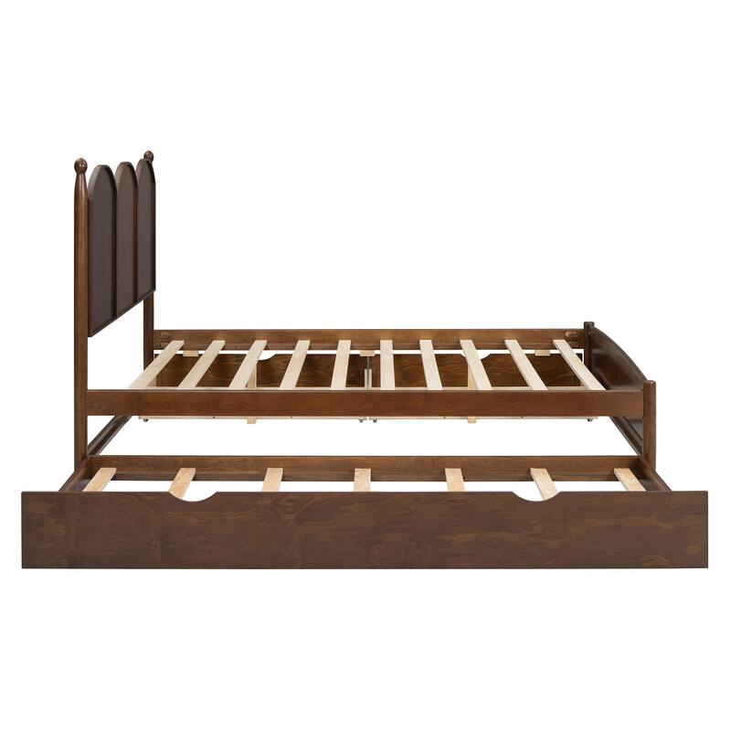 Queen Platform Bed with Twin XL Trundle and Dual Storage Drawers, Solid Wood Frame, Curved Headboard, Space-Saving