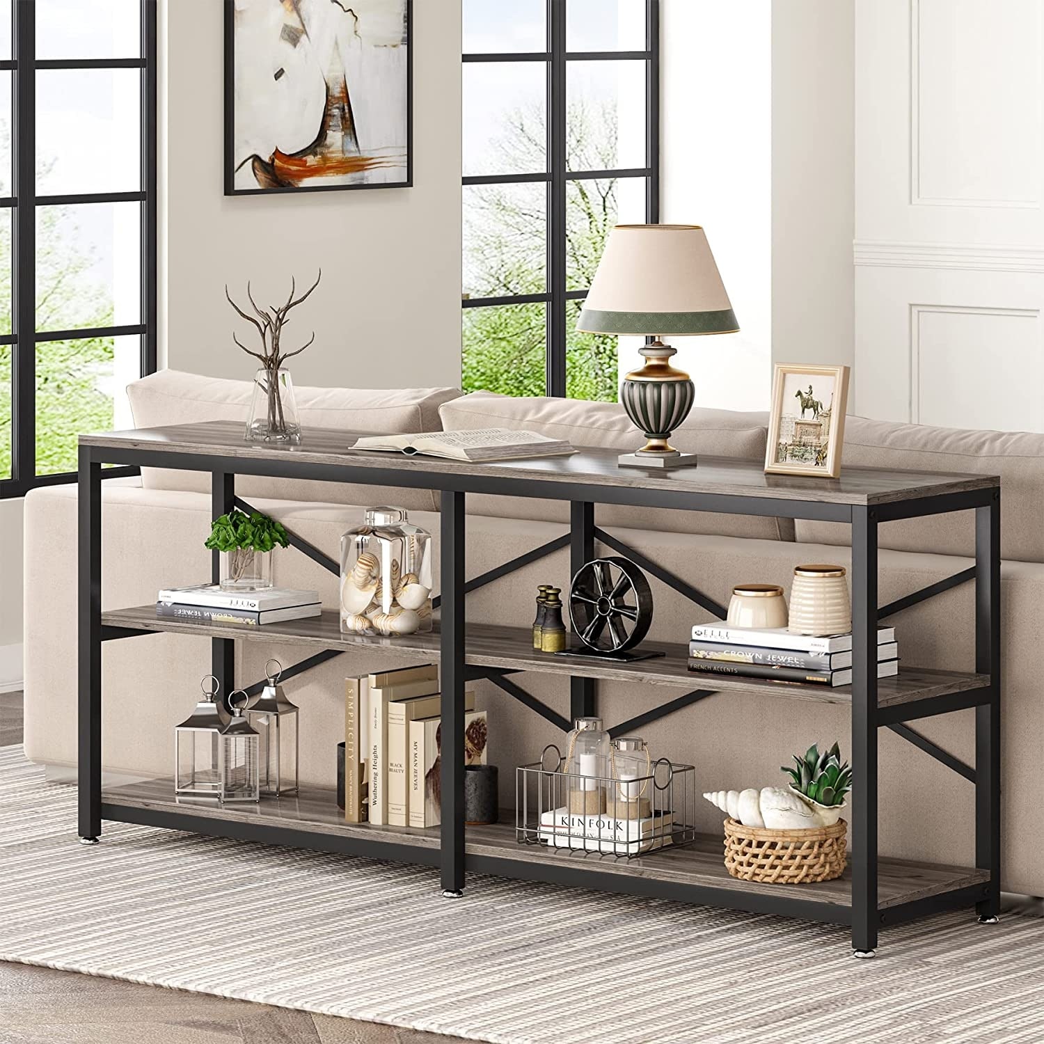 70.9 Inch Extra Long Console Table, 3 Tier Sofa Table Behind Couch Table  with Storage Shelves