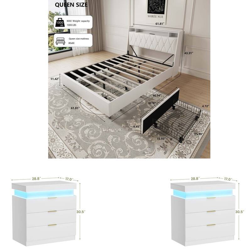 3-Pieces Bedroom Sets,Metal Bed Frame with Outlets, Charger, 4 drawers and Two Nightstands with Charging Station and LED Lights