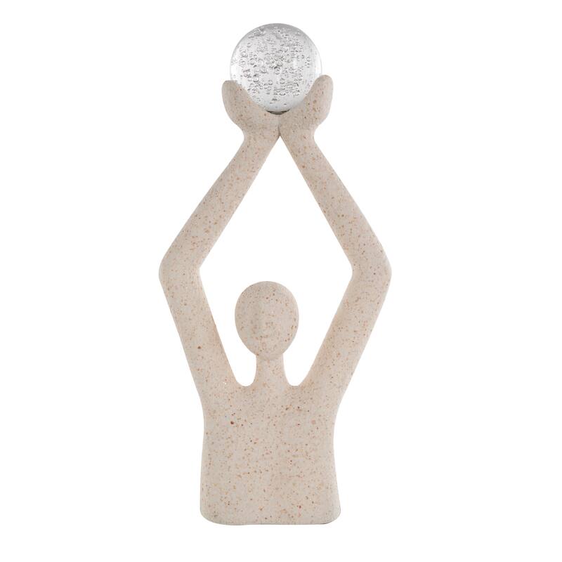 Cream Polystone Abstract Textured People Decorative Sculpture with Clear Glass Ball and Gold Speckles