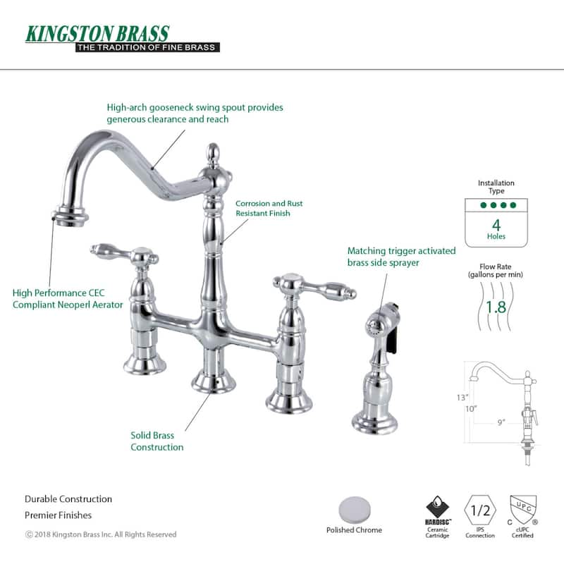 Kingston Brass Tudor Bridge Kitchen Faucet with Brass Sprayer