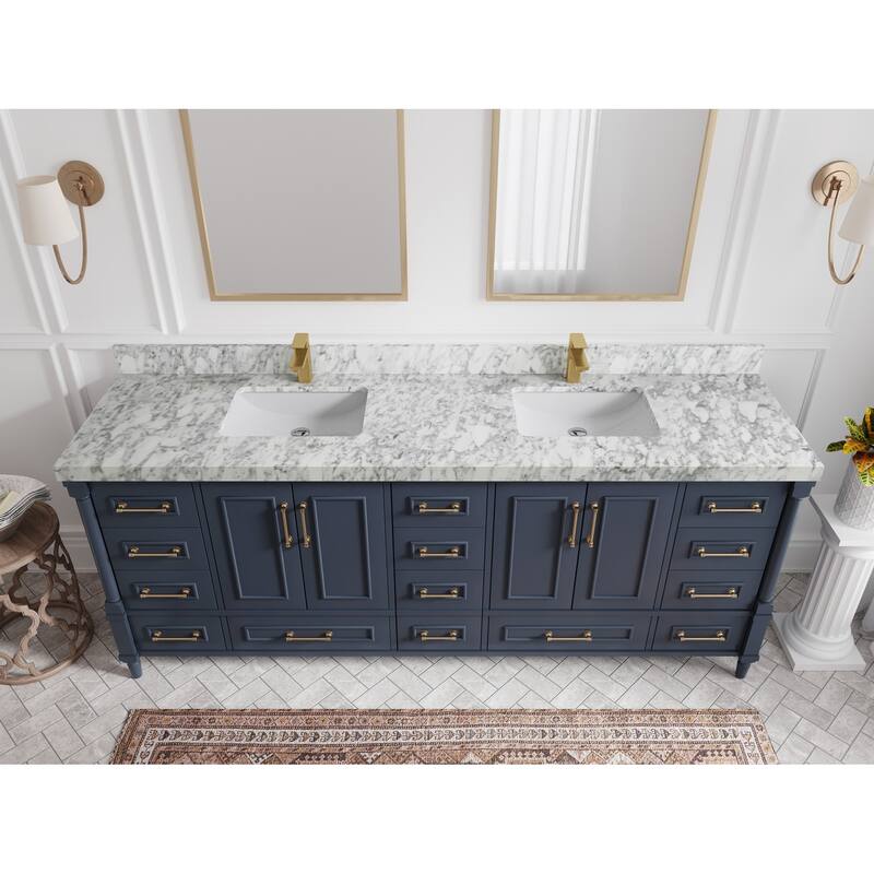 Willow Collections 84 in. W x 22 in. D Aberdeen Double Bowl Sink Bathroom Vanity with Countertop - 2" Carrara Marble - Hale Navy Blue