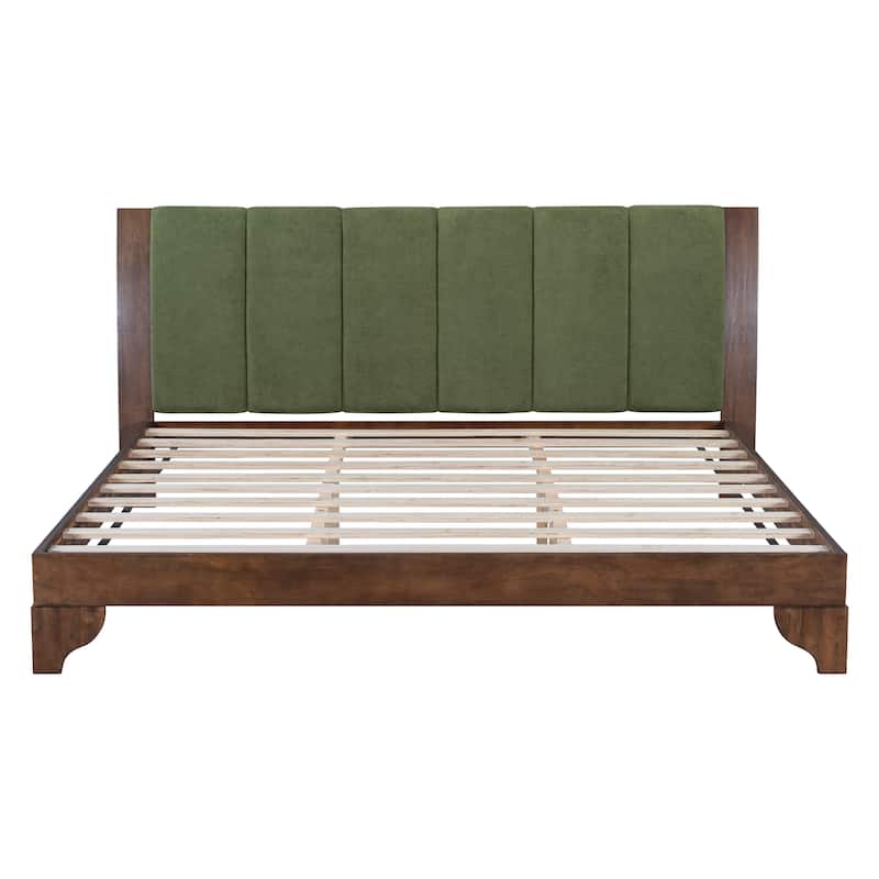 Pine Wood Bed Frame Mid Century Modern Platform Bed with Green Upholstered Headboard, Wood Slat Support Low Profile Wingback Bed