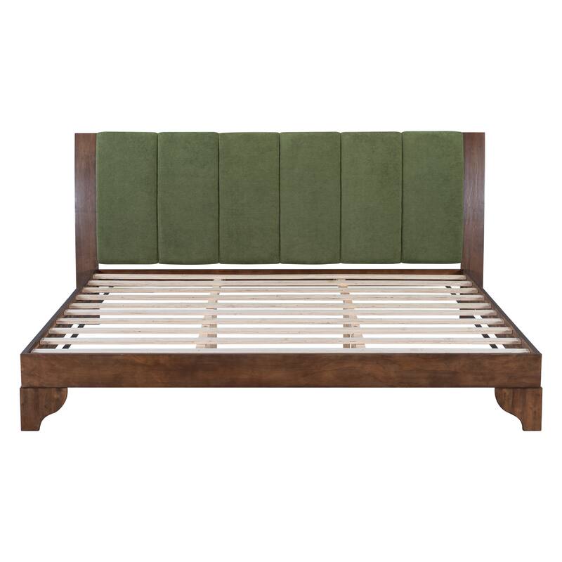 Solid Pine Wood Bed Frame, Mid Century Modern Platform Bed with Upholstered Headboard, No Box Spring Needed