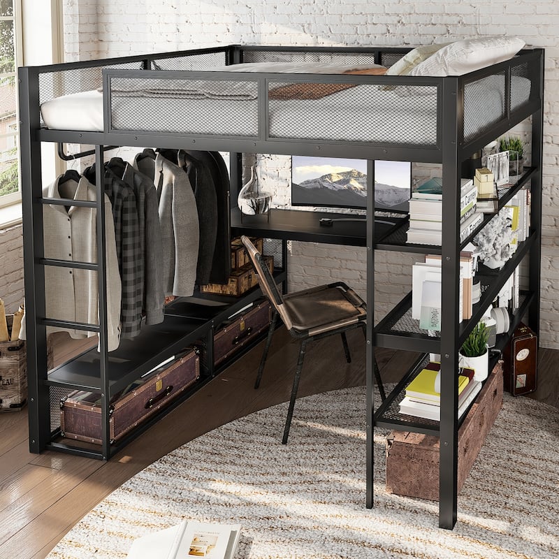 Queen Size Loft Bed with Storage Shelves, Metal Loft Bed with Clothes Hanging Rod and Desk, No Box Spring Needed Design, Black