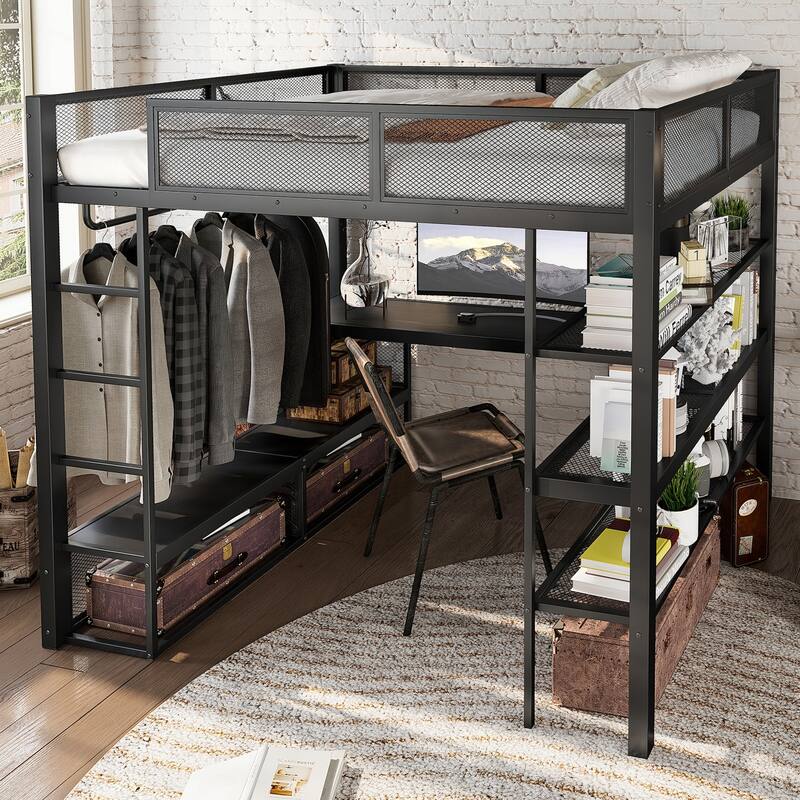Queen Size Metal Loft Bed with Integrated Desk and Clothes Hanging Rod, Space-Saving Design No Box Spring Needed