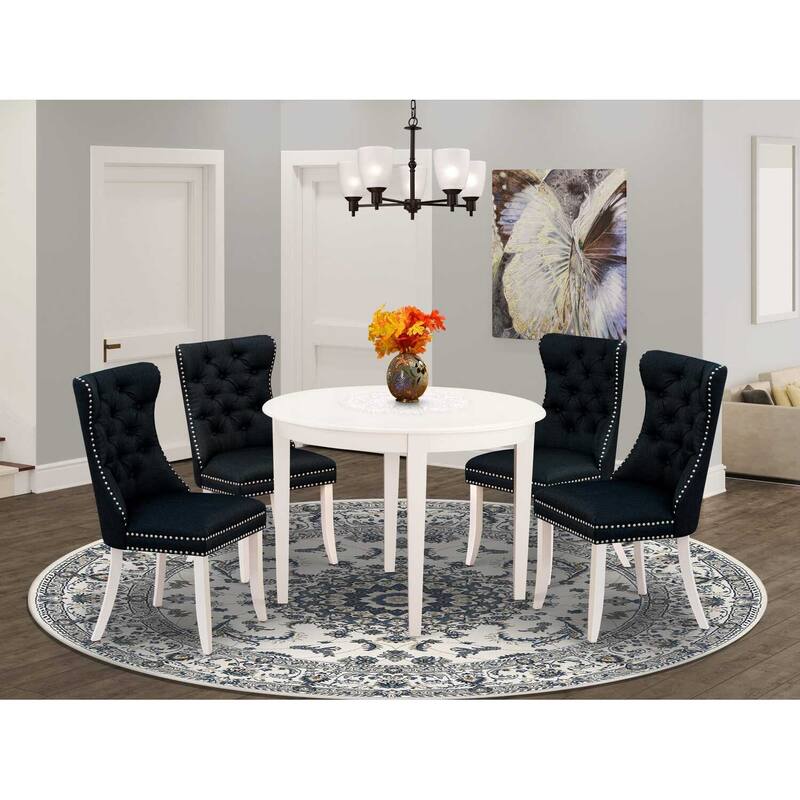 5-Piece Linen white Solid Wood Top-Round Dining Room Set-Seats 4