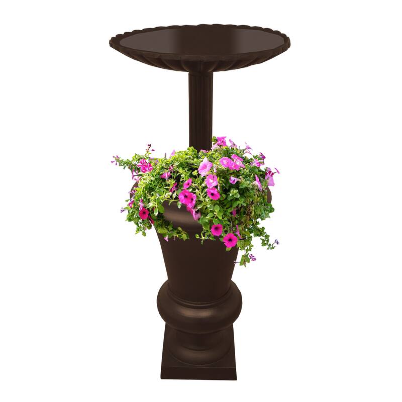 Ornate Round Cast Aluminum Metal 40-in Bird Bath and Planter Vase Combo - Brown