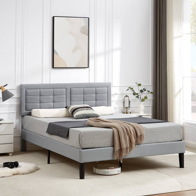 VECELO Bed Frame with Adjustable Headboard, Upholstered Button Tufted Platform Bedframe with Wood Slats Support