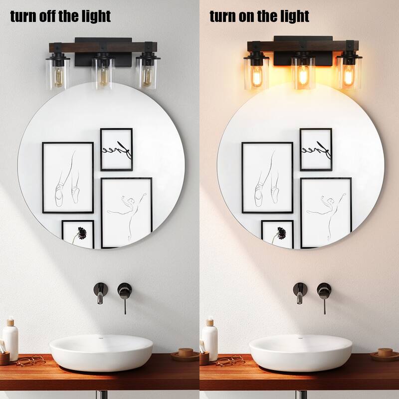 19" Rustic 3-Light Vanity Light, Industrial Bathroom Wall Sconce with Glass Shades and Wood Accent (No Bulbs) - Walnut