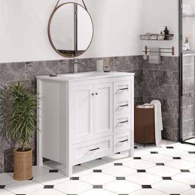 EROMMY All-in-One Bathroom Vanity with Ceramic Sink, Soft-Close Storage Cabinet & Drawer, Glossy Countertop, White
