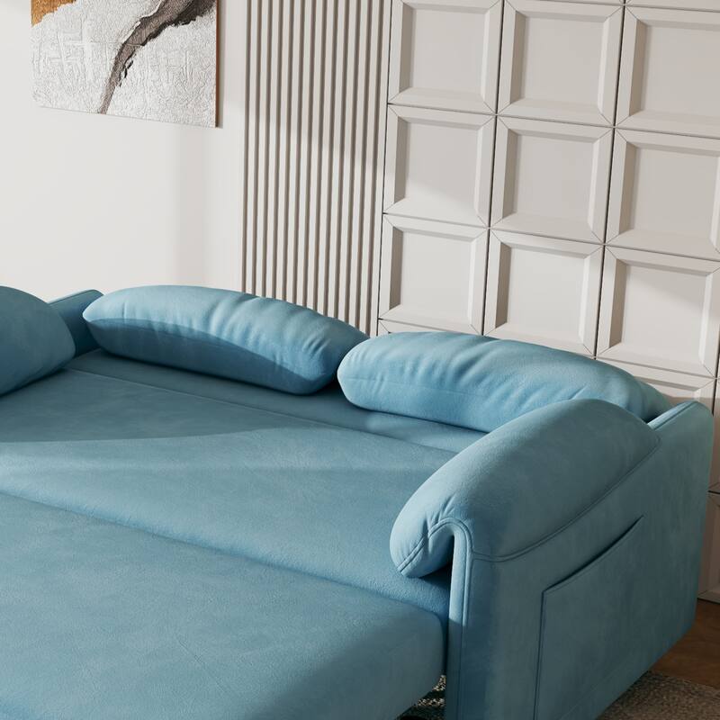 Sofa Showcase: 54" Velvet Blue Sofa Bed - A Dual-Purpose Living Room Gem with a Retractable Bed Option