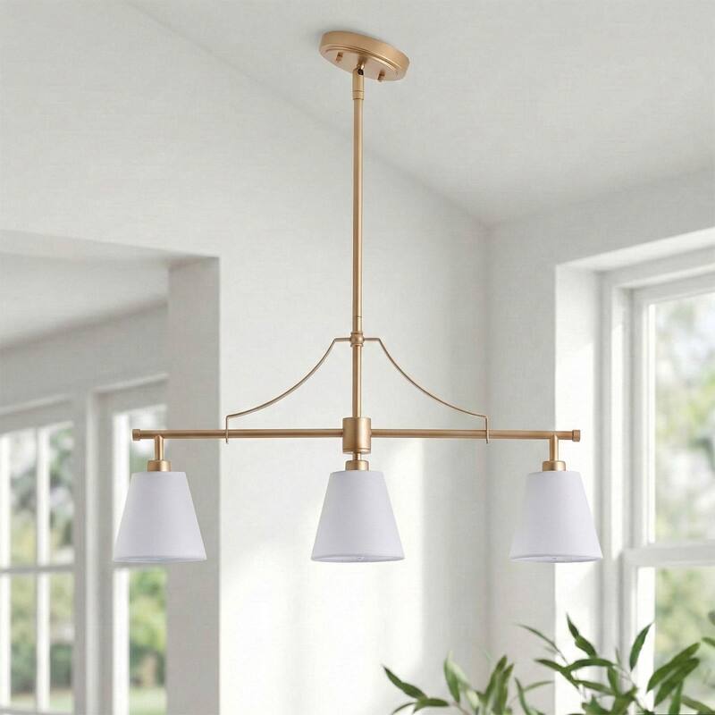 3 Light Linear Island Chandelier Deep Gold Painted Iron Frame Off White Fabric Shades