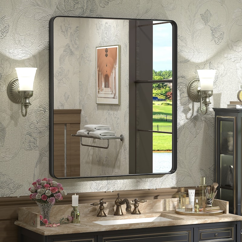 Aluminum Alloy Framed French Cleat Mounted Tempered Glass Wall Vanity Mirror - 32" x 28" - Black