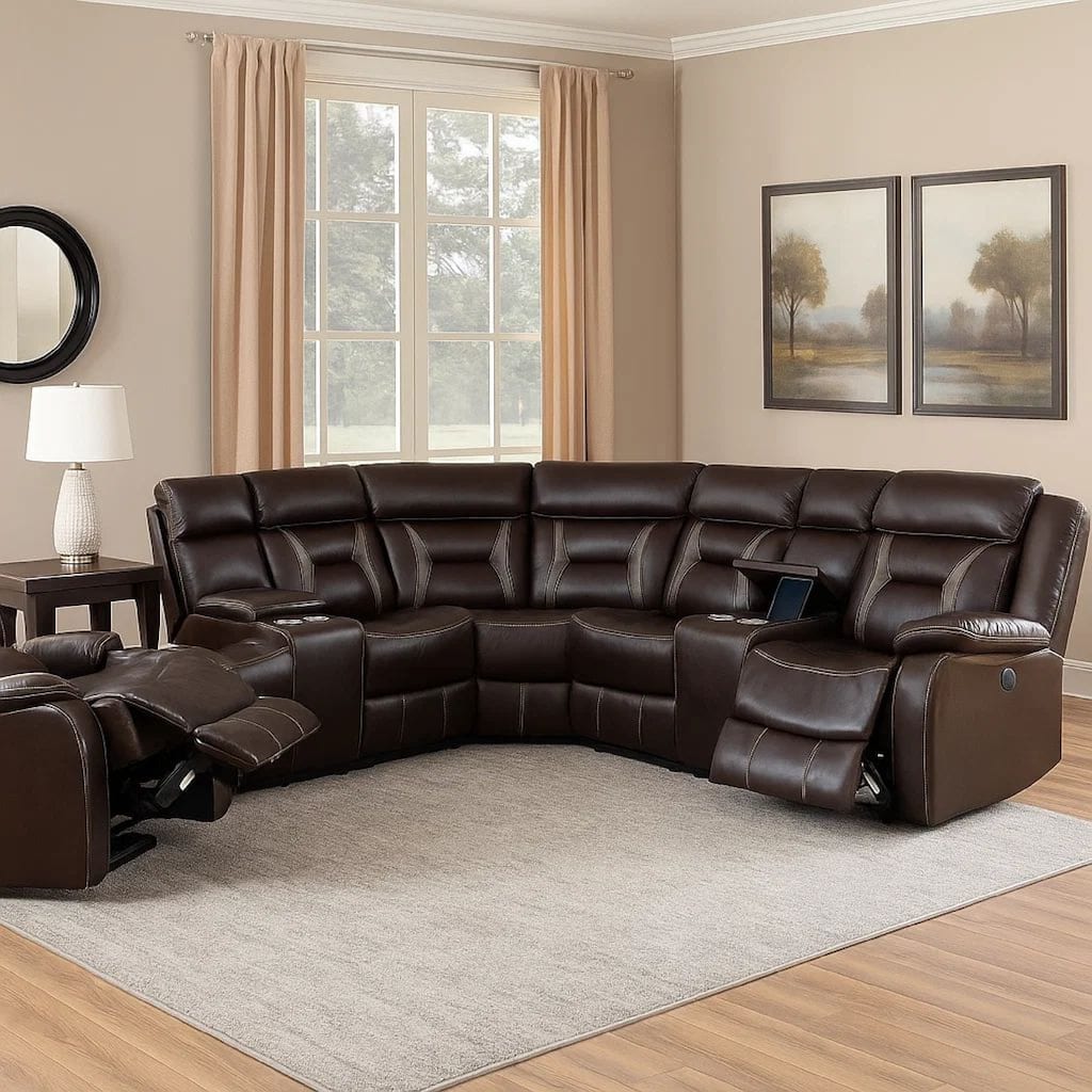 Lof Power Reclining Sectional Sofa Set, USB Port, Brown Gel Faux Leather