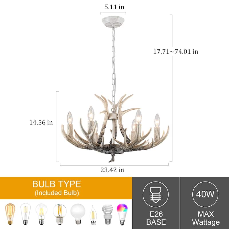 6-light farmhouse adjustable height pendant light with decorative resin antlers