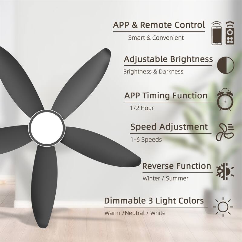42" 5 Blade High Airflow Easy-install Plug-in ABS Blade Ceiling Fan Light