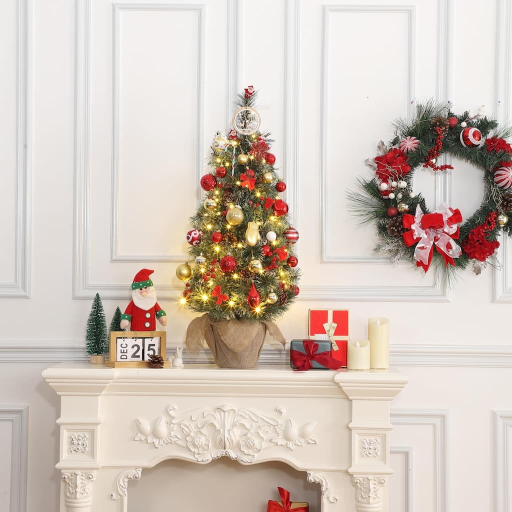 2/ 3ft Snow Flocked Artificial Tabletop Christmas Tree with LED Lights with Burlap Base