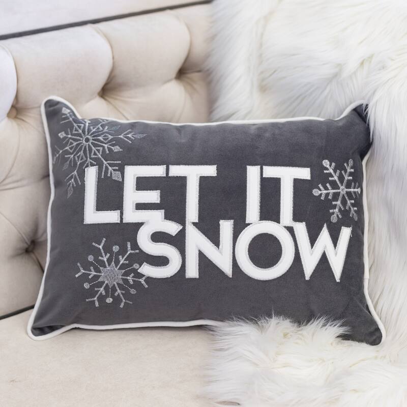 Velvet Lumbar Pillow with Snowflake Embroidery Let It Snow Design and Insert 14x20