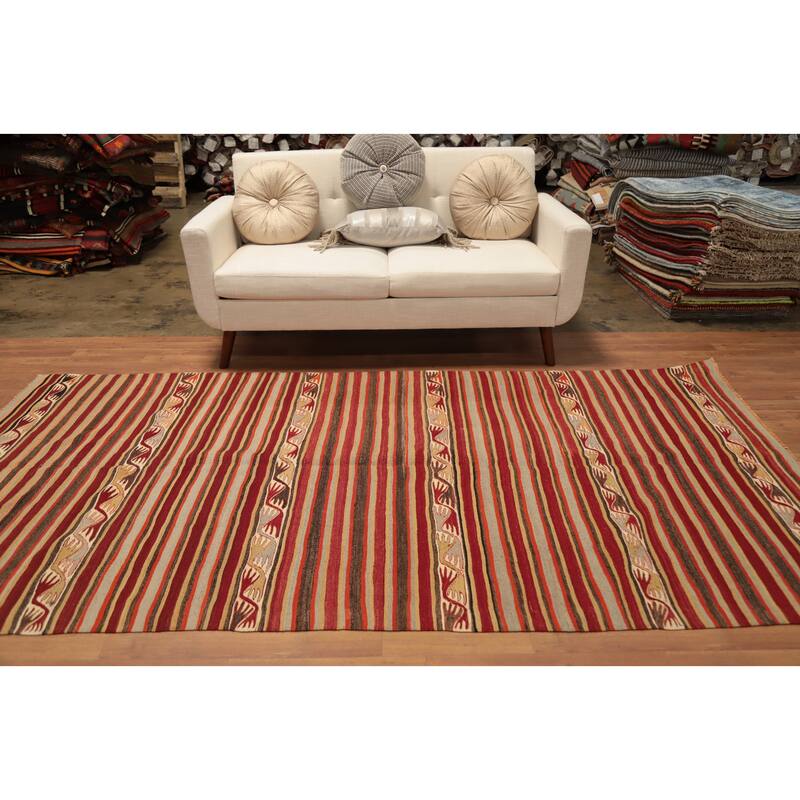 Hand Woven Oriental 100% Wool Carpet Southwestern Tribal Multi-Colored Kilim Area Rug - 9' 6'' X 4' 10''