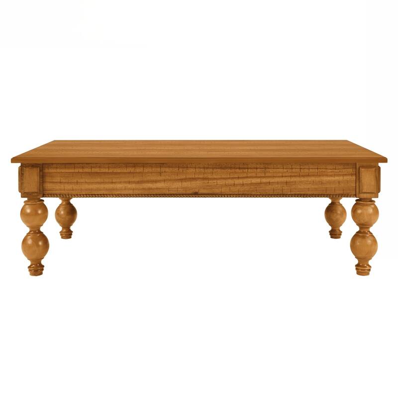Rectangular Wooden Coffee Table with Storage Drawer, Vintage Cocktail Table with Solid Wood Gourd-Shaped Legs for Living Room
